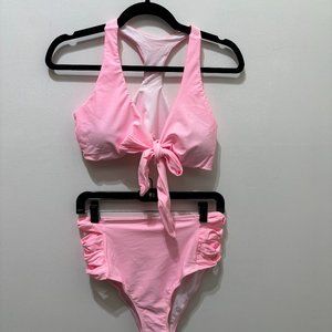 NEVER WORN Women's Two Piece Solid Pink Tie-Front Bikini with Cutout Design